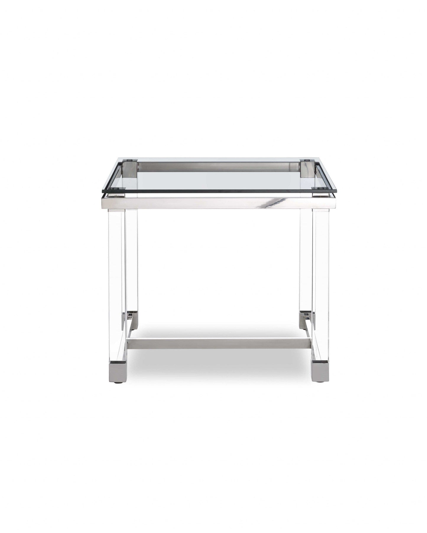 Side Table 10 Mm Tempered Clear Glass Top Polished Stainless Steel Frame Acrylic Legs