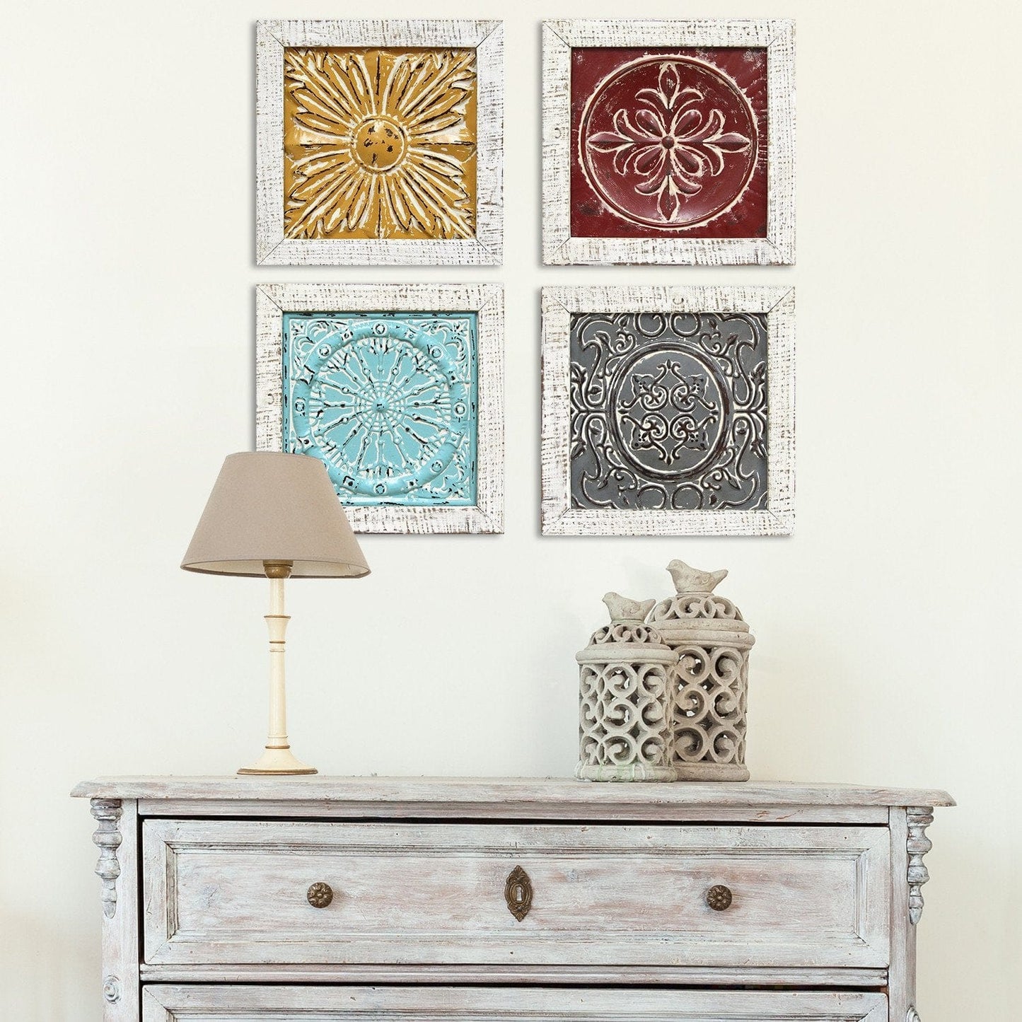 Set Of 4 Distressed Medallion Metal And Wood Framed Wall Art