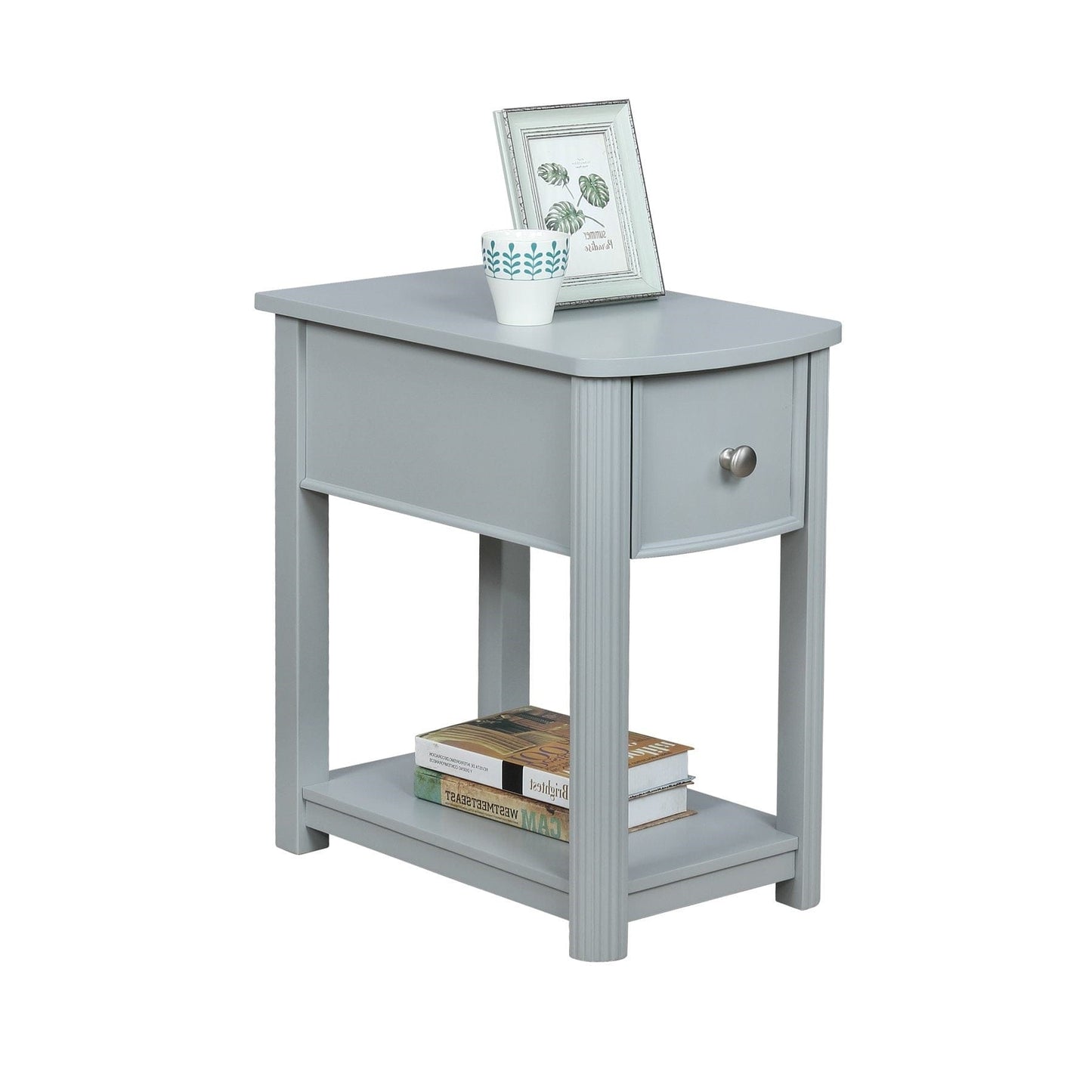 Compact Grey Wood End Table With Shelf