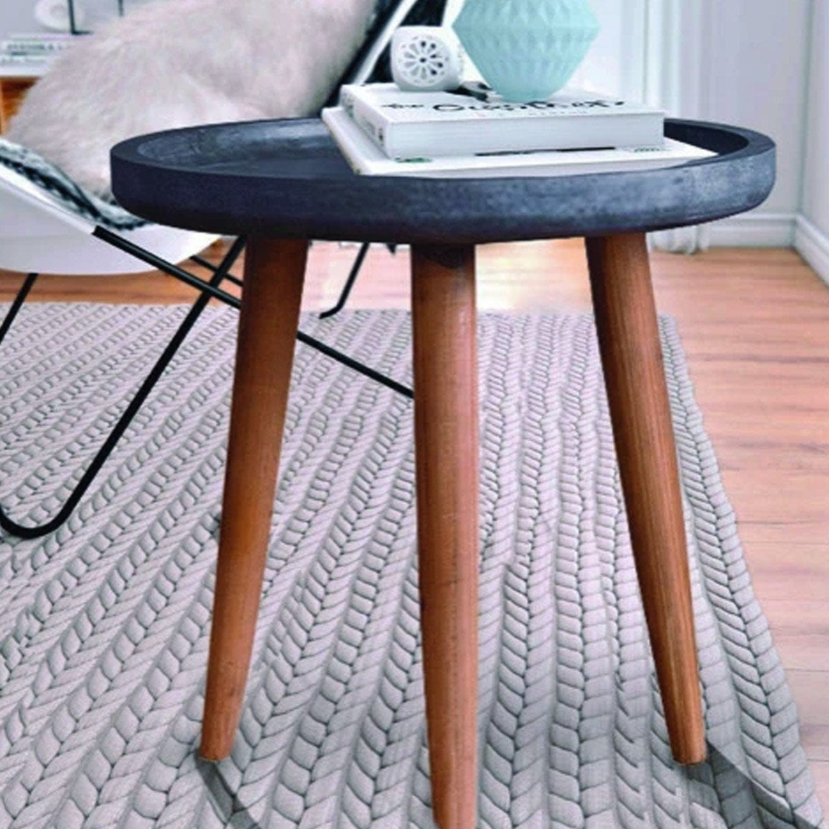 Cement Gray Finish Wooden Side End Table With Round Top