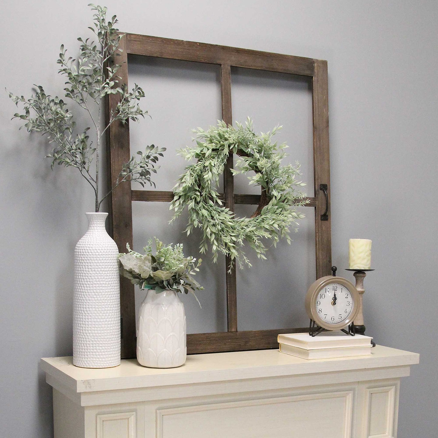 Walnut Wood Windowpane Wall Decor With Metal Hinges