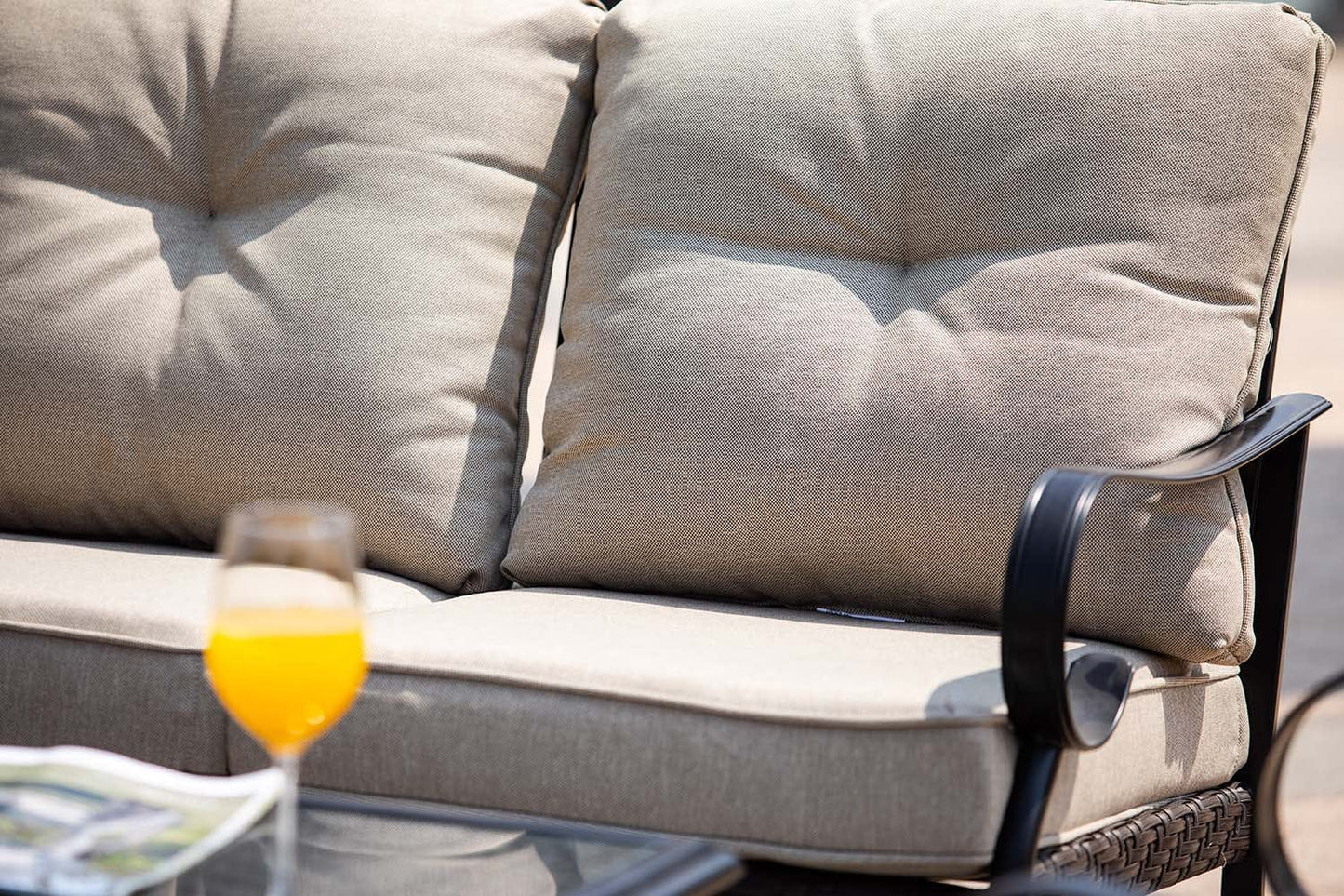 69" X 29" X 35" Black Steel Sofa With Beige Cushions