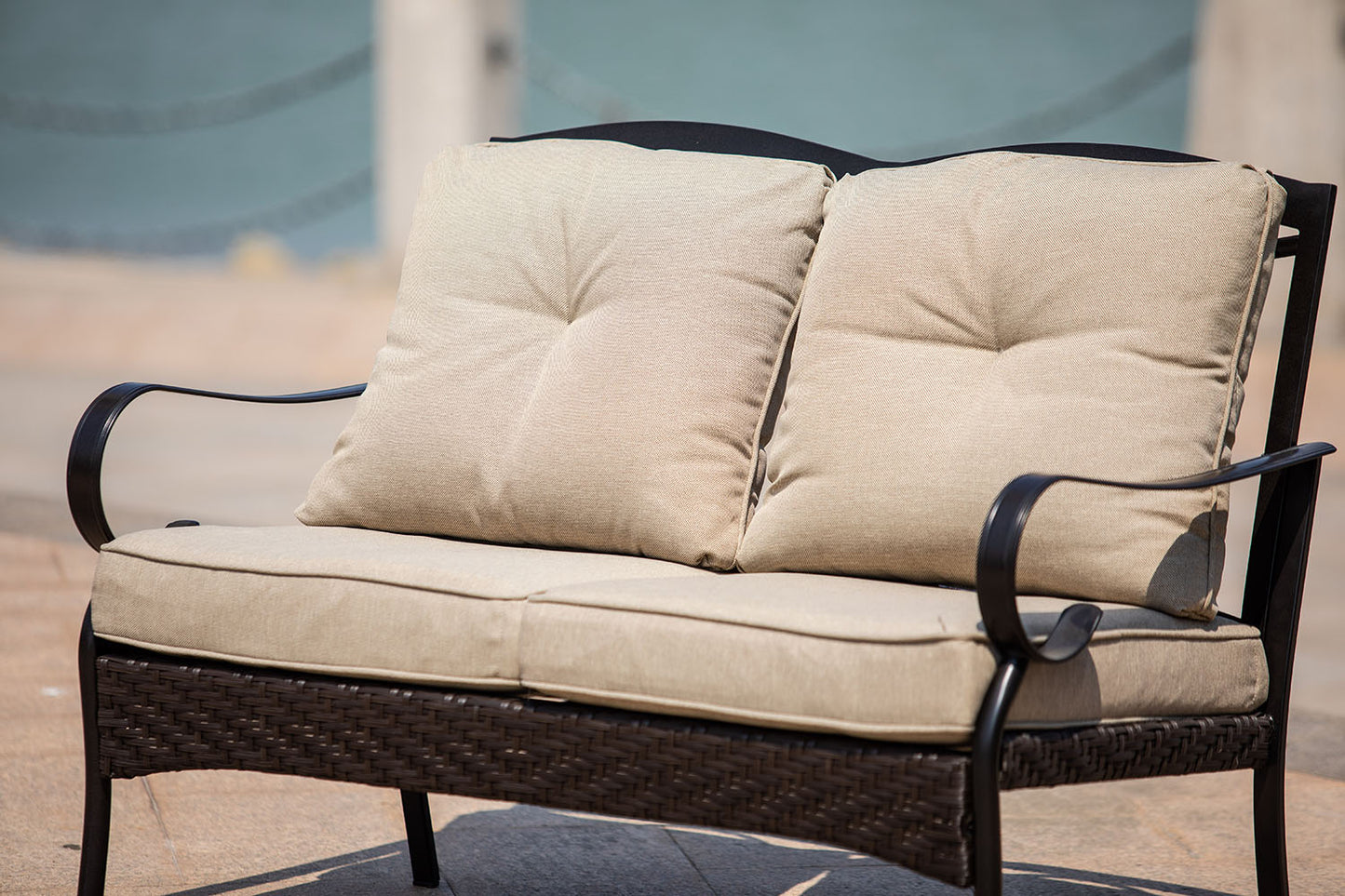 48" X 29" X 35" Black Steel Sofa With Beige Cushions