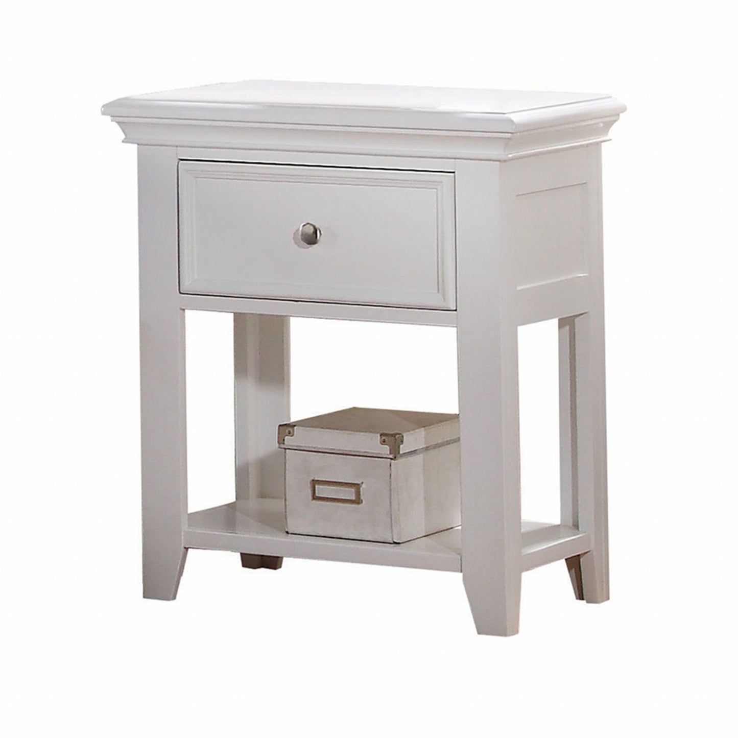 White Wood Nightstand With 1 Drawer And Shelf