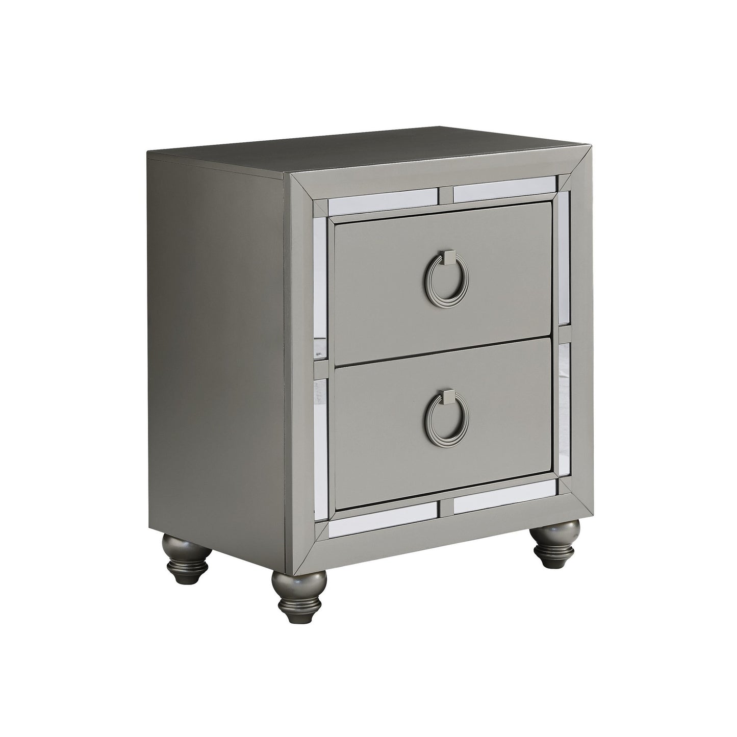 Silver Champagne Tone Nightstand With 2 Drawer Mirror Trim Accent