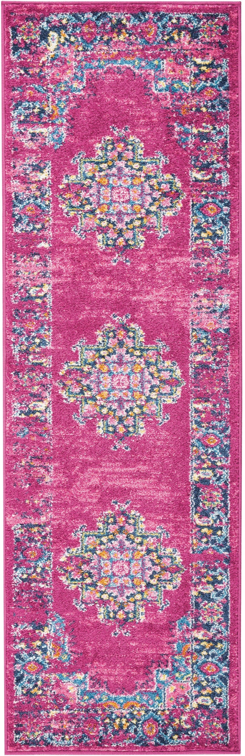 2’ X 10’ Fuchsia And Blue Distressed Runner Rug