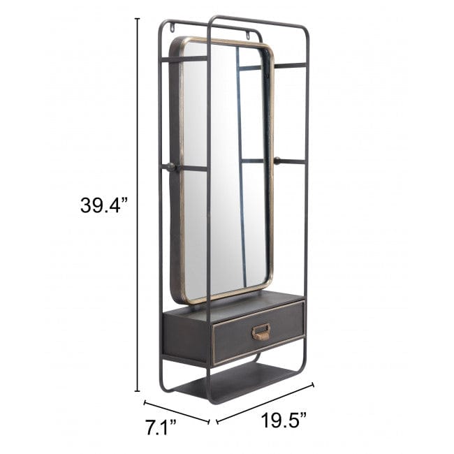 Distressed Industrial Gray and Gold Wall Mirror with Storage