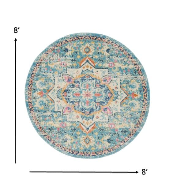 5’ Round Light Blue And Ivory Distressed Area Rug