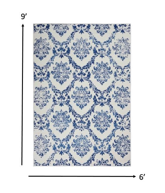4’ X 6’ Blue And Ivory Damask Area Rug
