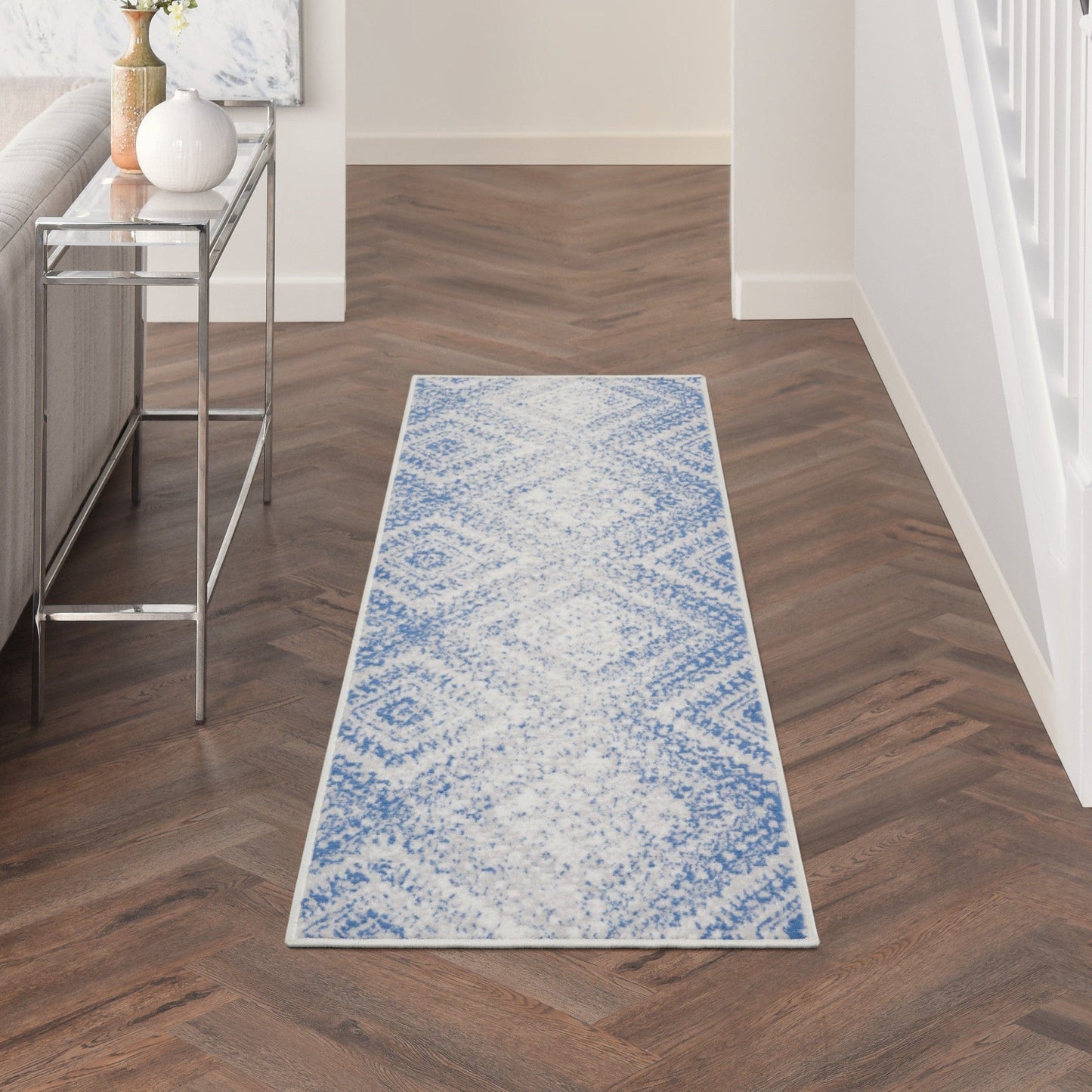 4’X6’ Ivory And Blue Lattice Area Rug