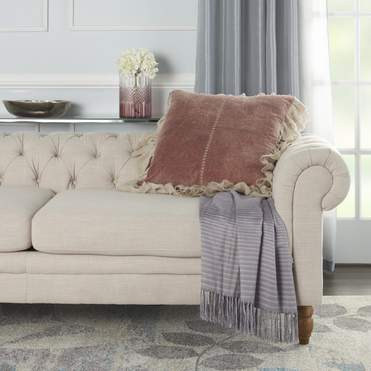 Wide Tasseled Marble Pink Throw Pillow