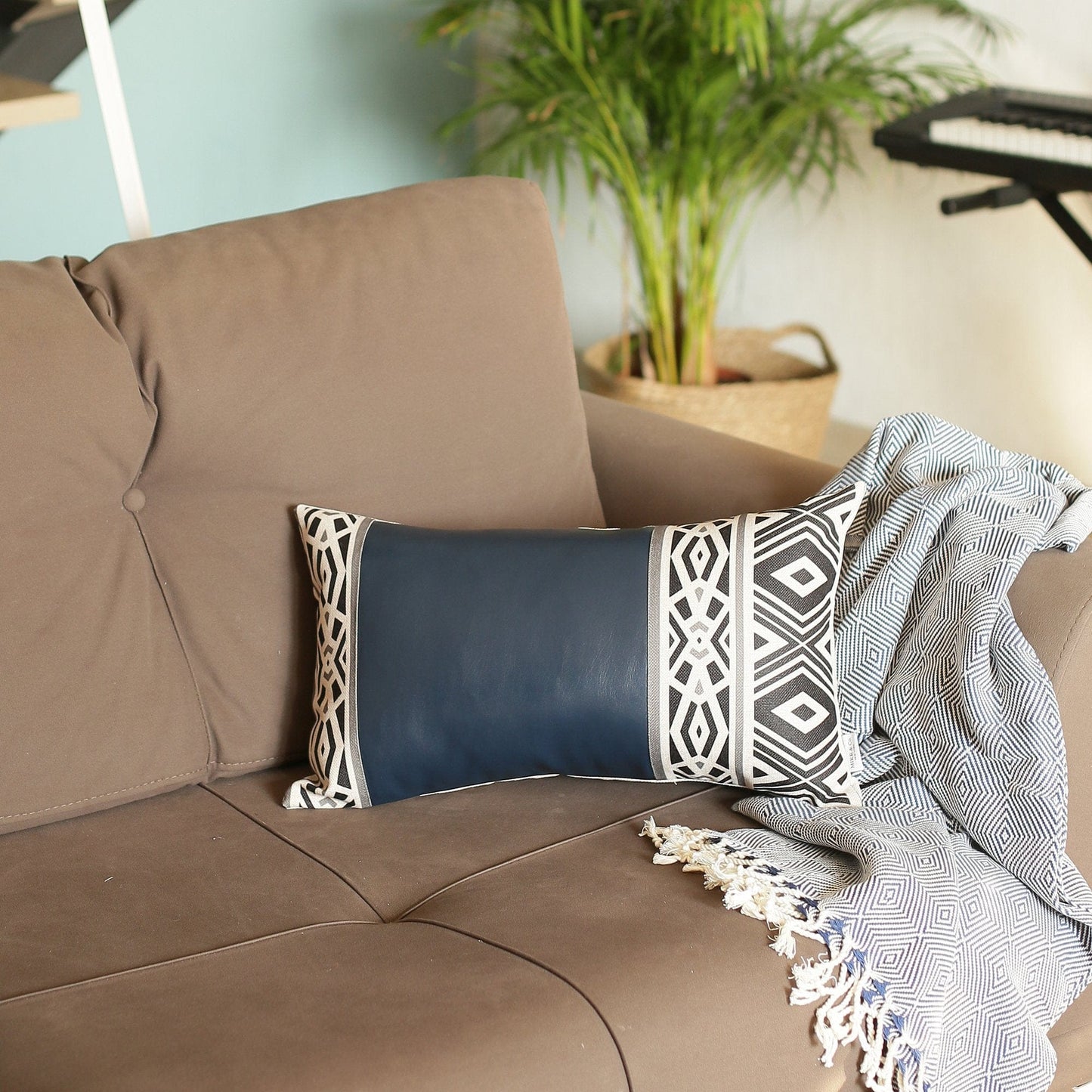 Rectangular Spruce Blue Faux Leather And Geometric Pattern Lumbar Pillow Cover