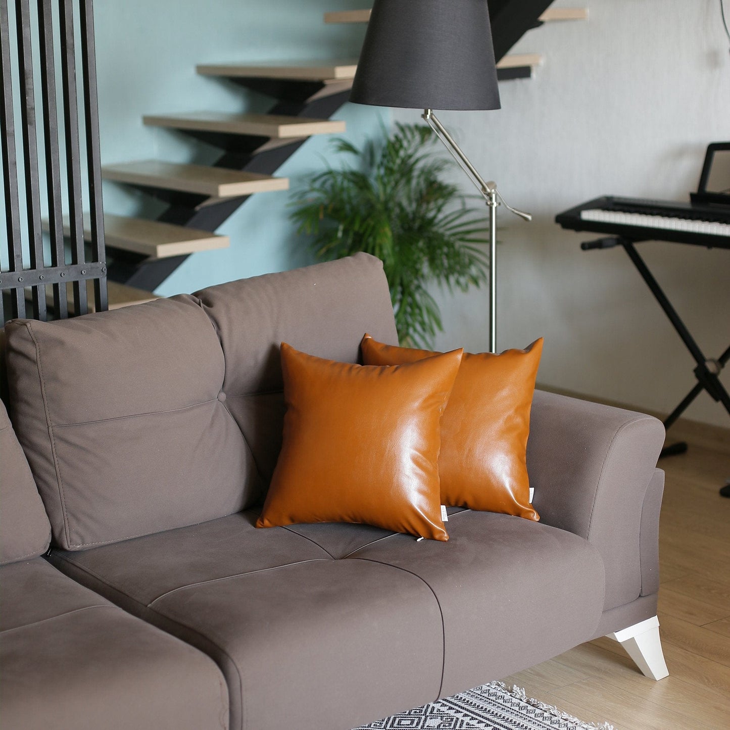 Set Of 2 Warm-Toned Solid Brown Faux Leather Pillow Covers