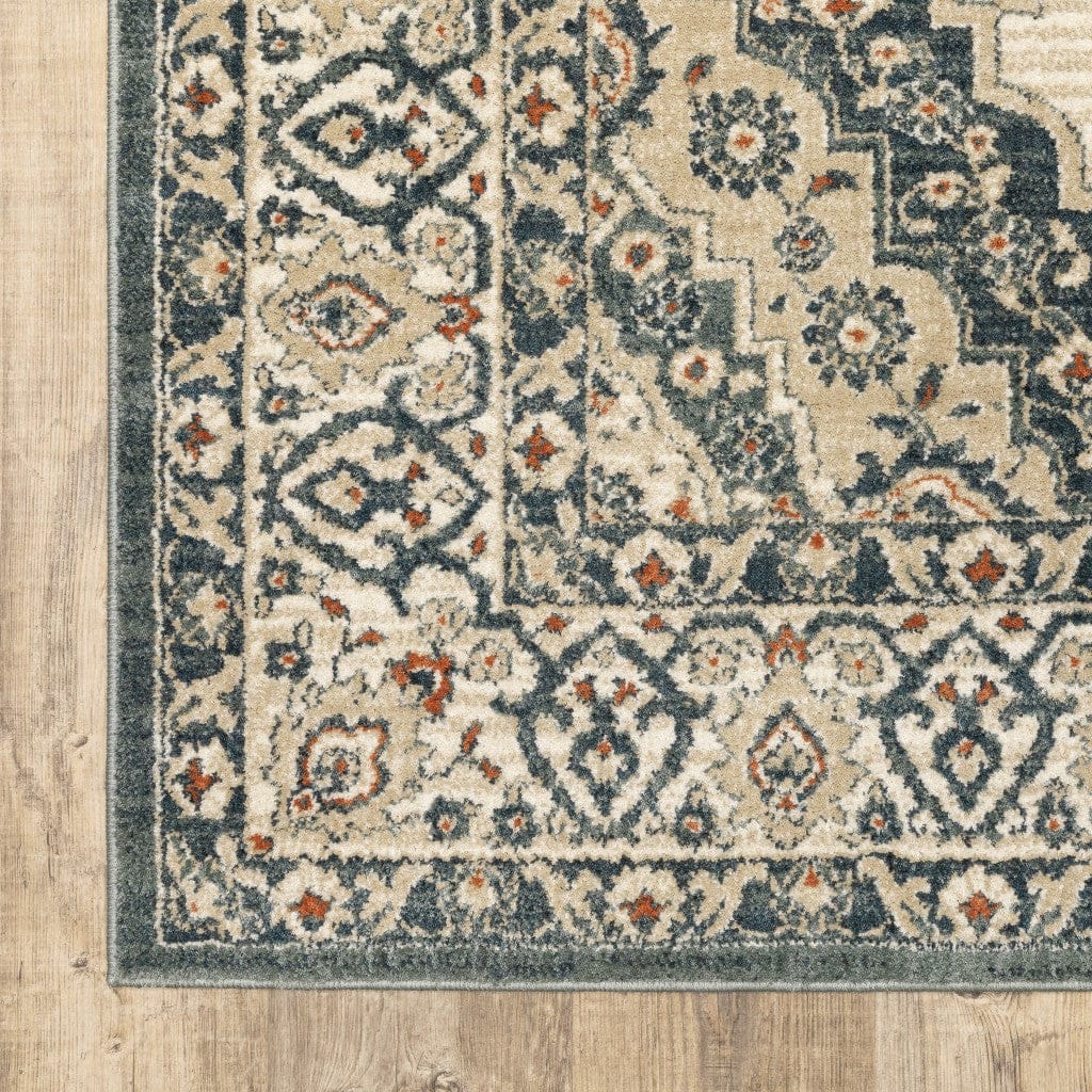 2’ X 7’ Vintage Beige And Blue Indoor Runner Rug