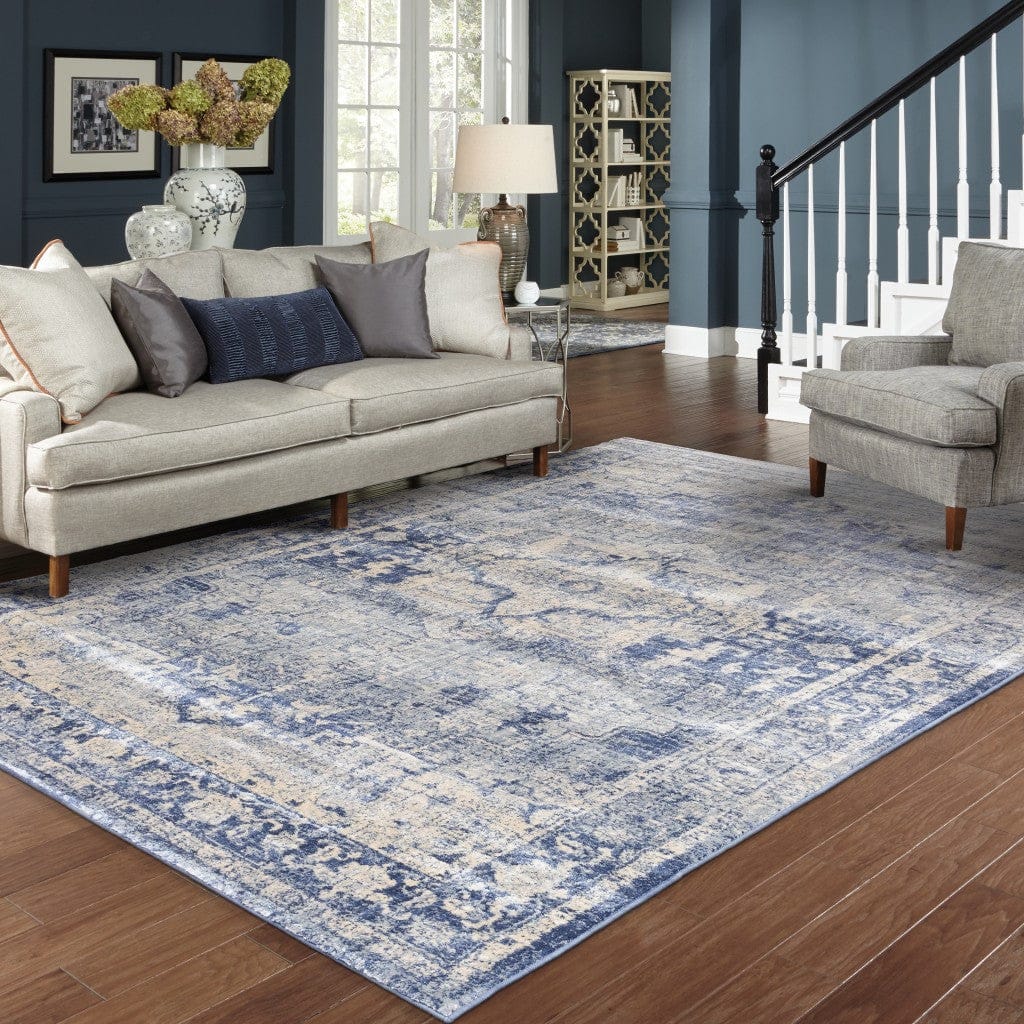 2’X8’ Ivory And Blue Oriental Runner Rug