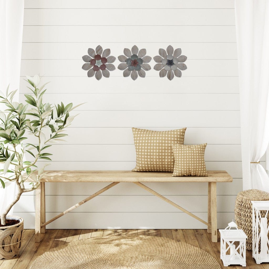 Set Of Three Wood And Metal Flower Wall Decor
