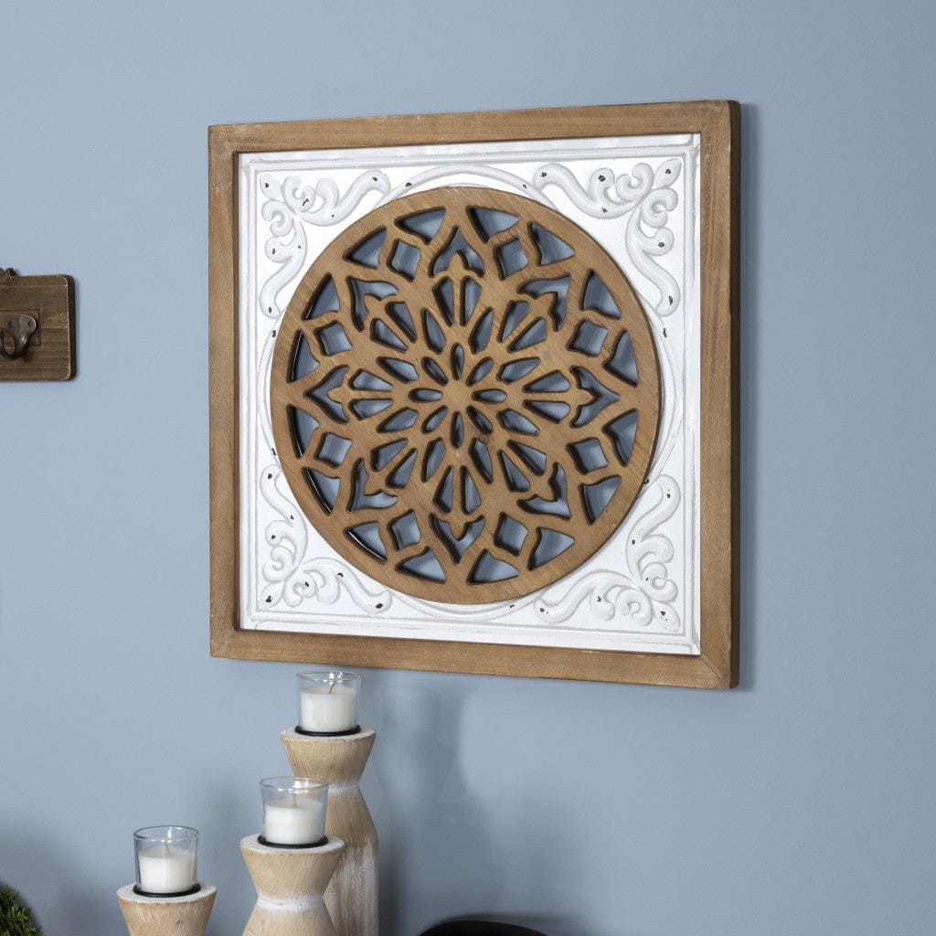 White Ethnic Wood And Metal Square Wall Plaque