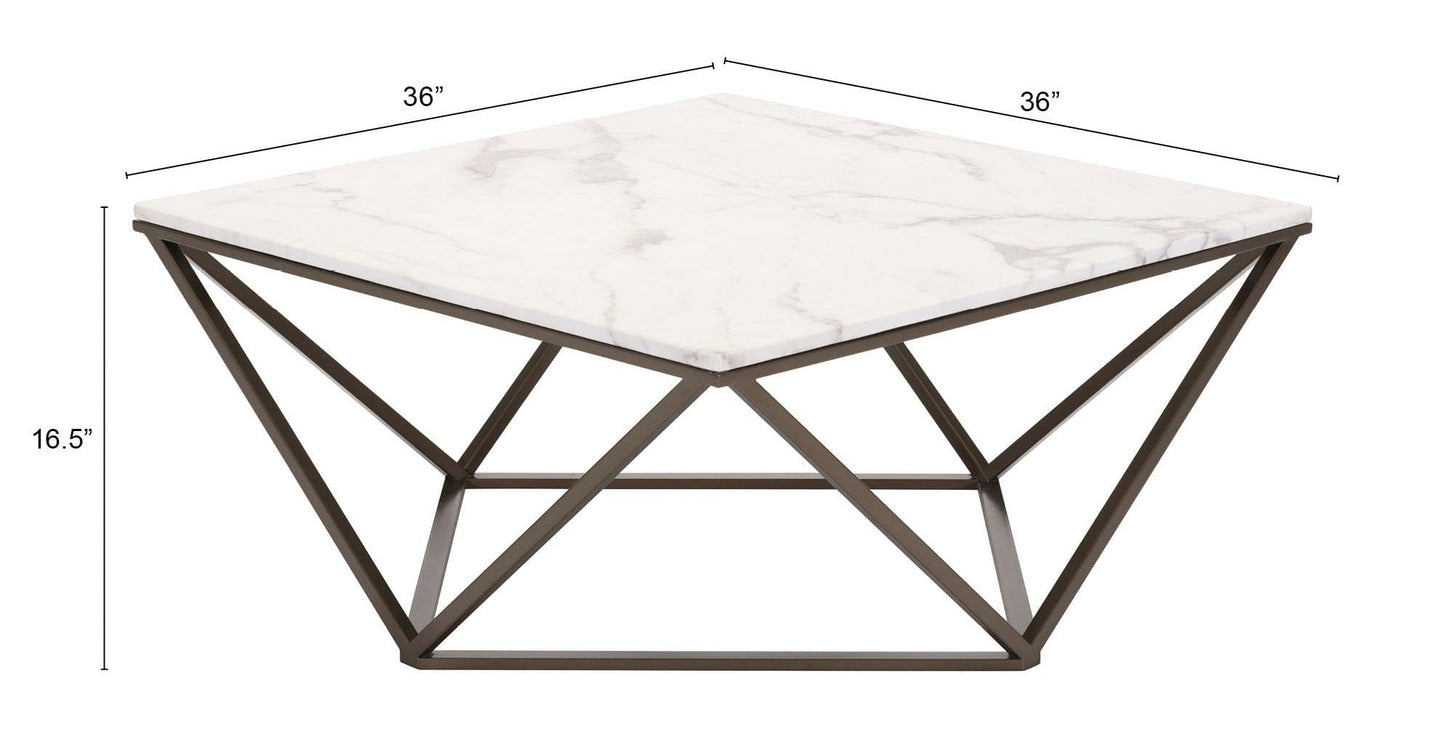 36" Antique Brass And White Faux Marble Stone Coffee Table