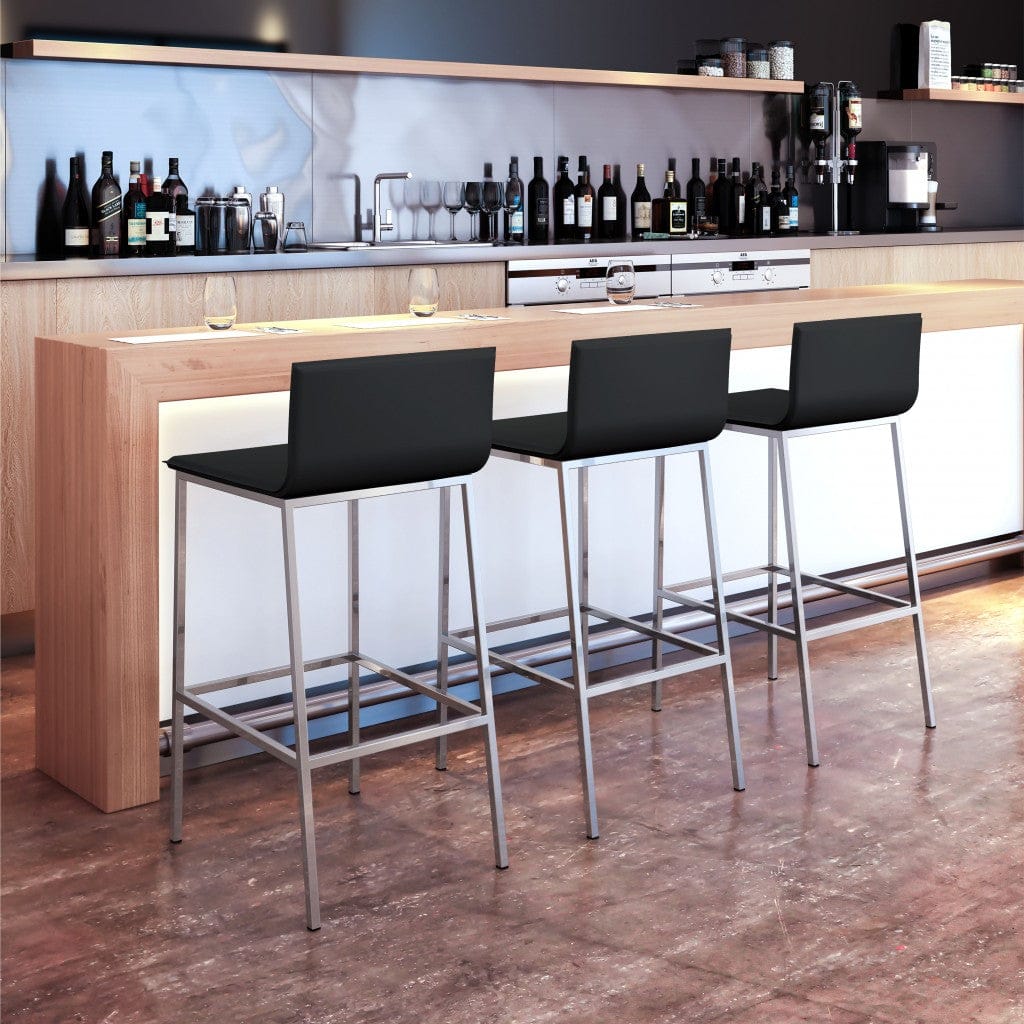 Set of Two Designer Black Faux Leather and Steel Barstools