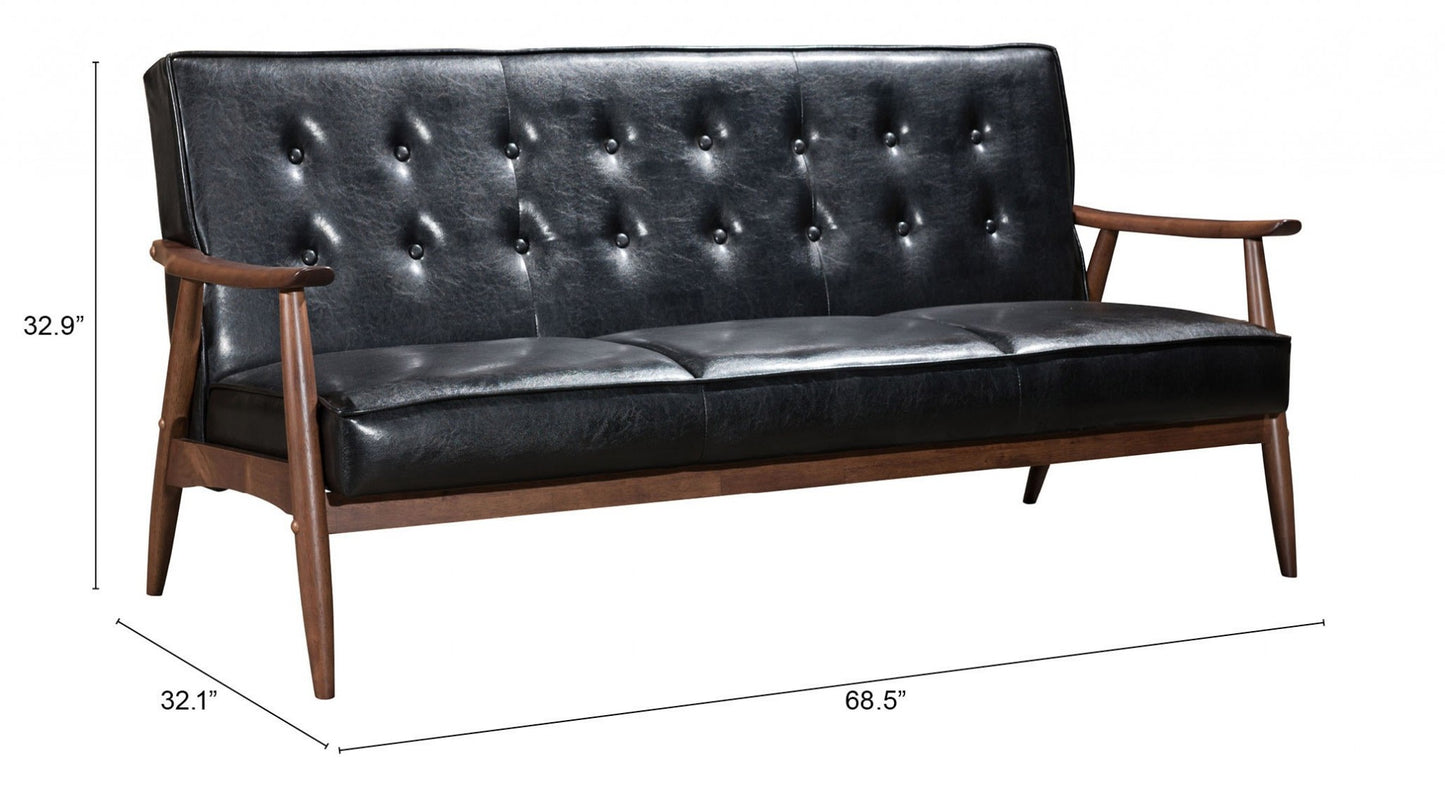 69" Black Button Tufted Faux Leather And Brown Standard Sofa