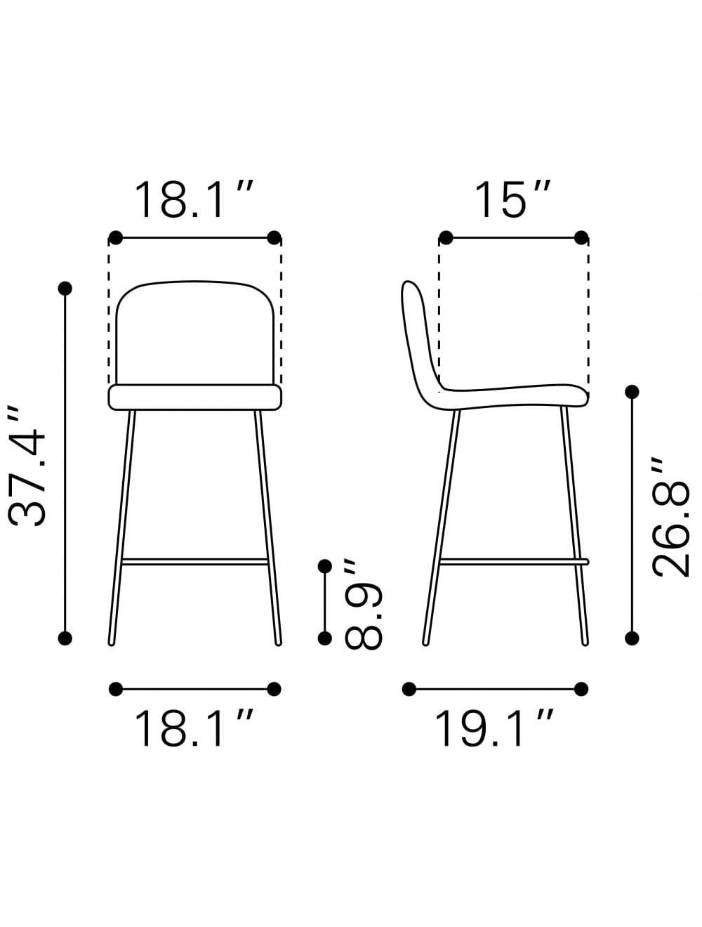 37" Gray Faux Leather and Black Steel Low Back Counter Height Bar Chair With Footrest