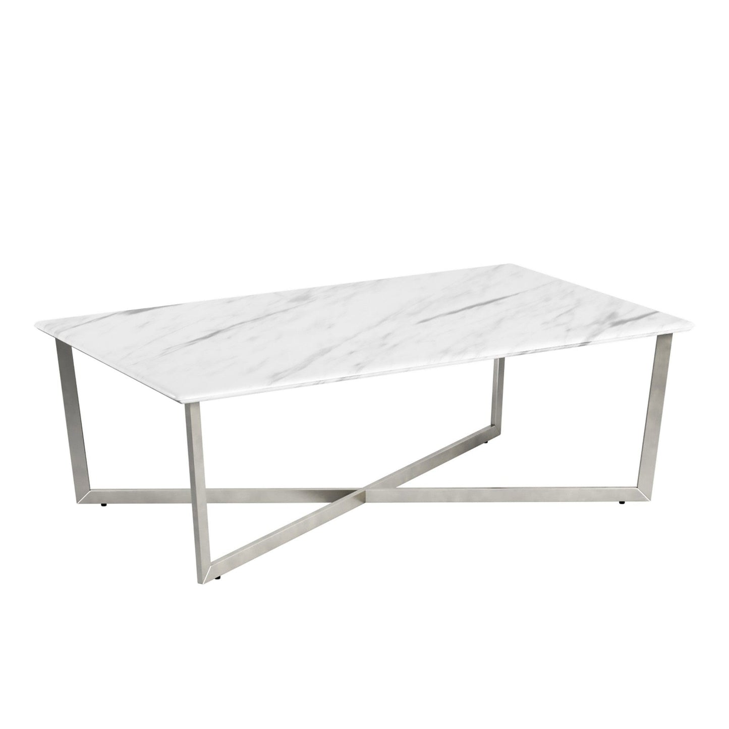 47" Silver And White Manufactured Wood And Metal Rectangular Coffee Table