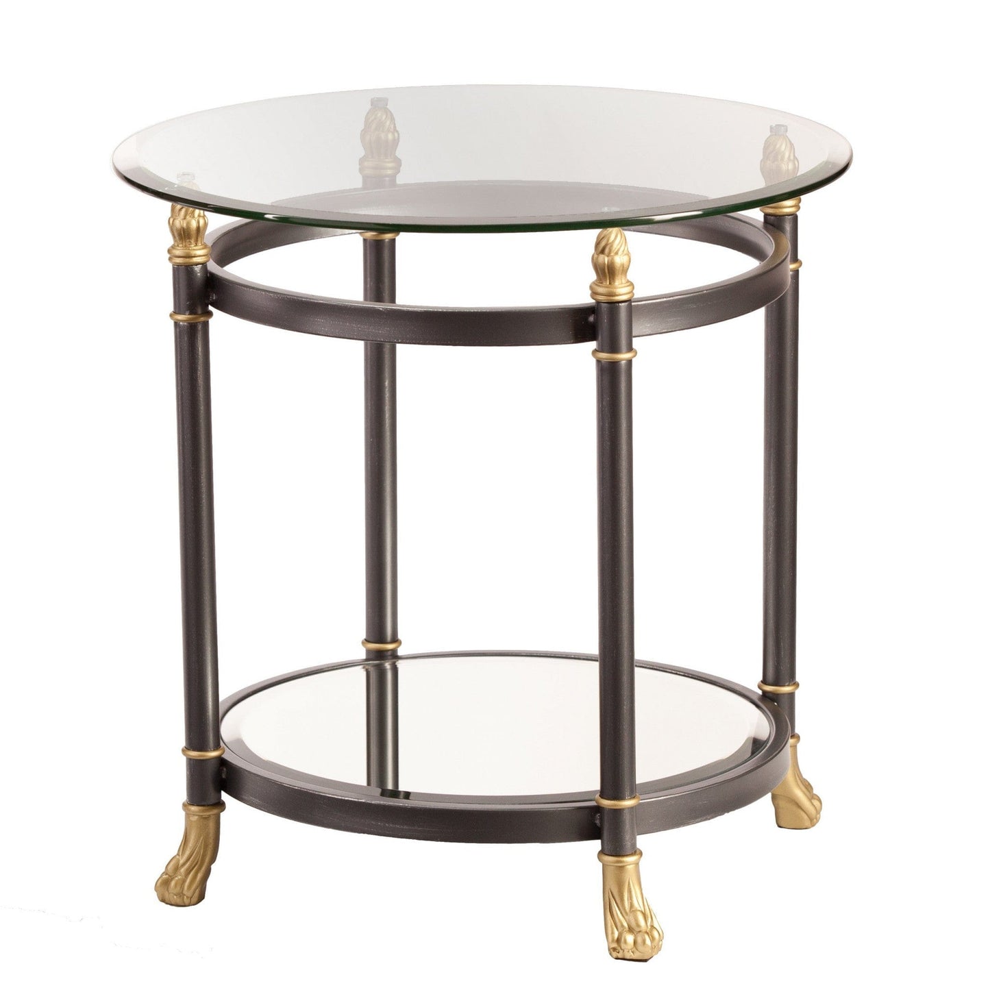 21" Gray Glass And Iron Round Mirrored End Table