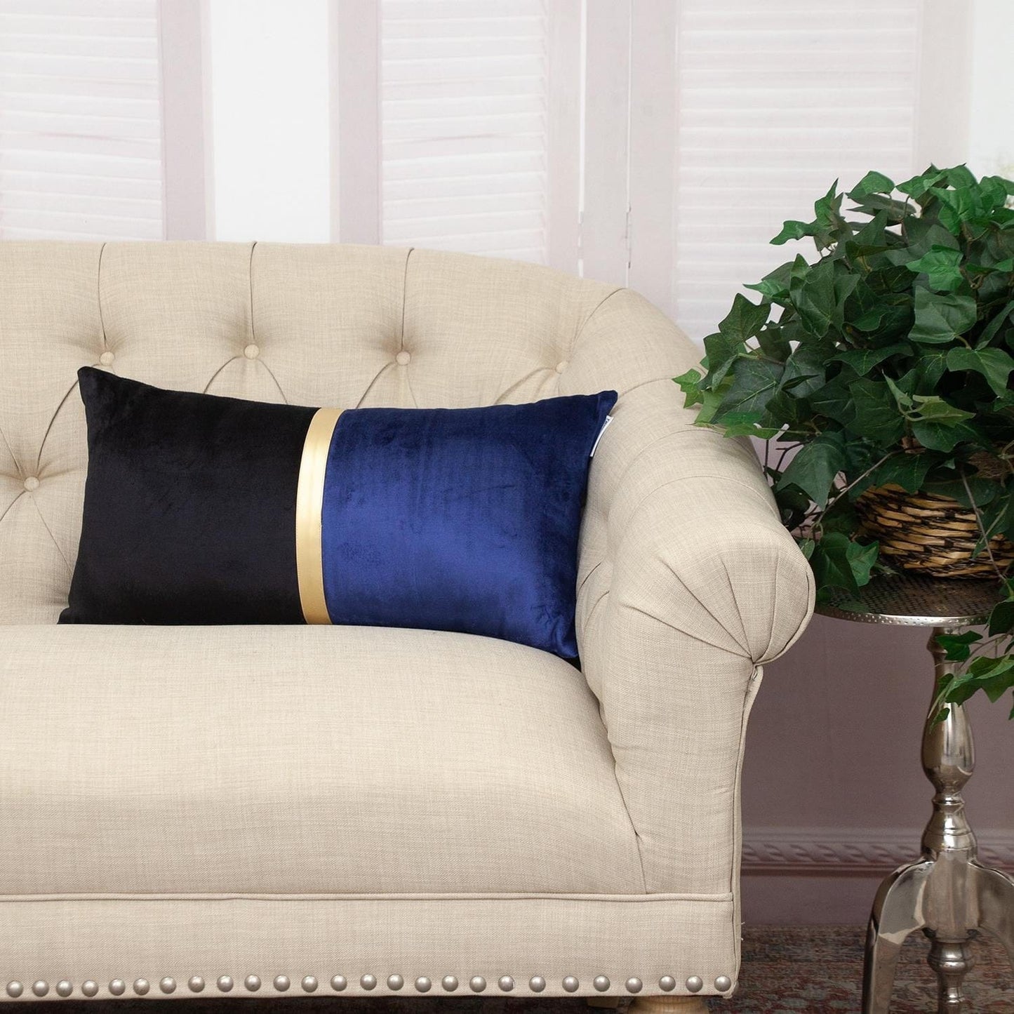 Black Gold and Blue Tufted Velvet Lumbar Pillow