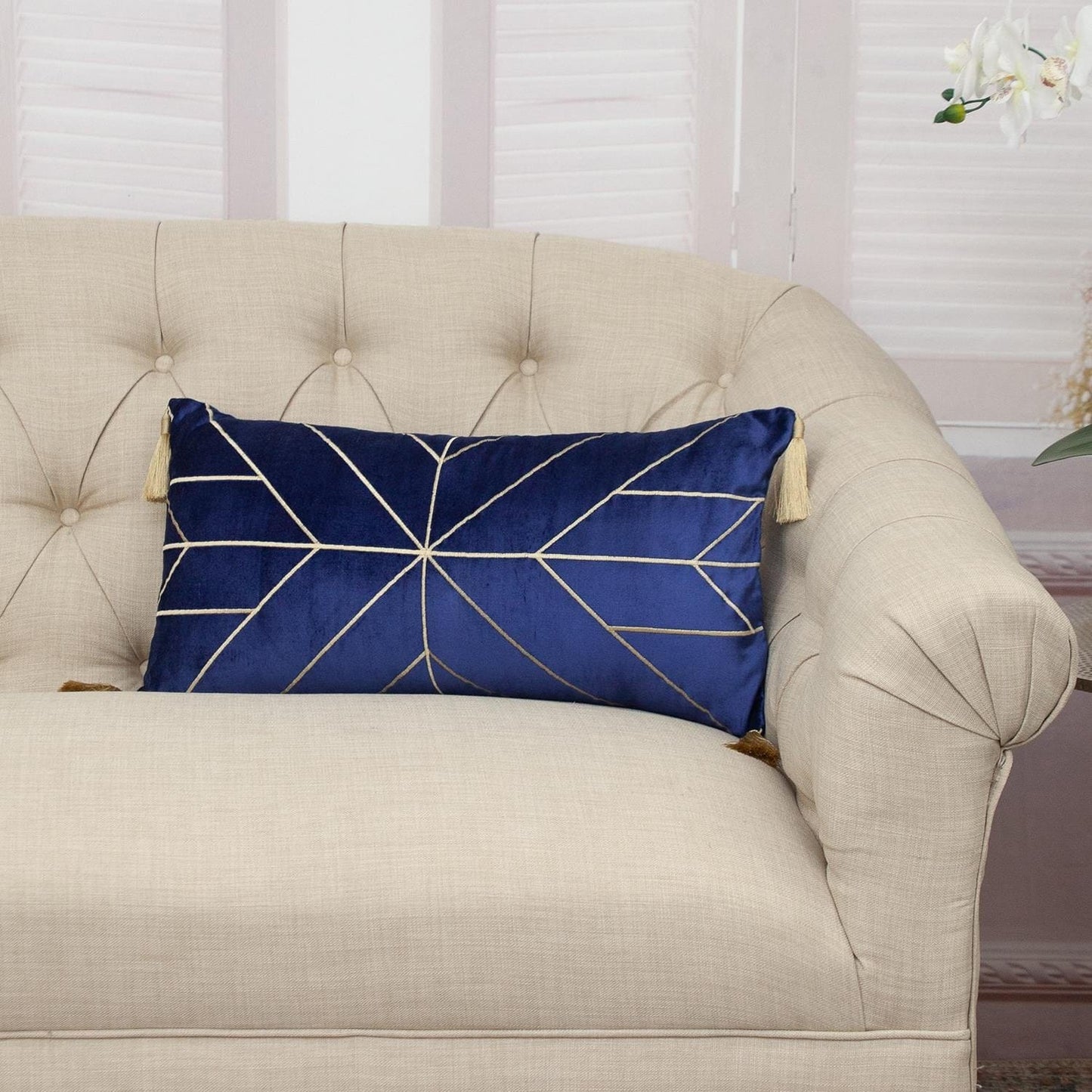 Blue and Gold Geo Velvet Lumbar Pillow with Gold Tassels