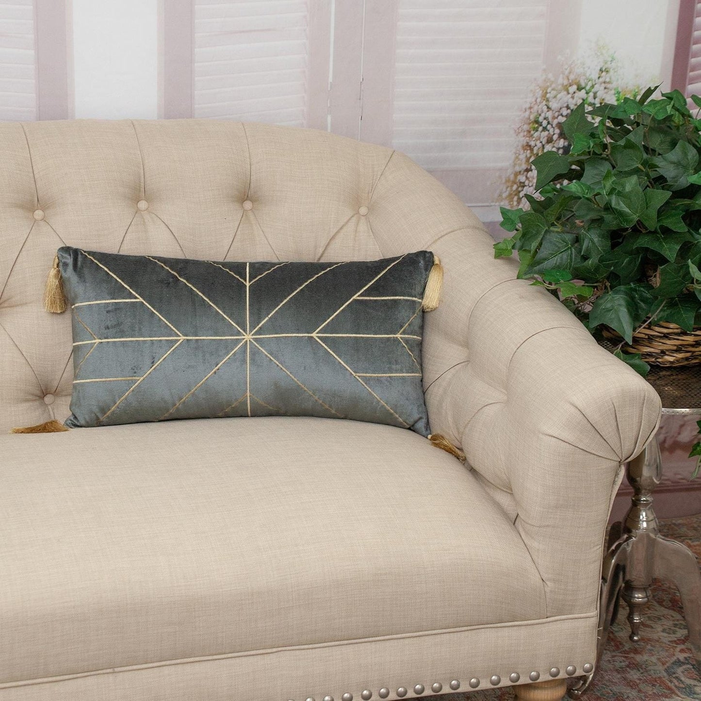 Charcoal and Gold Geo Velvet Lumbar Pillow with Gold Tassels