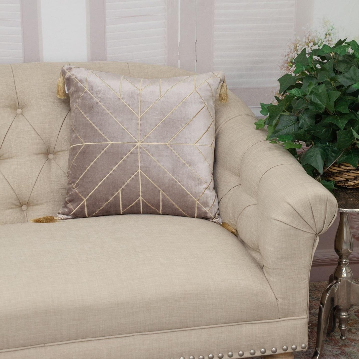 Taupe and Gold Geo Velvet Throw Pillow with Gold Tassels