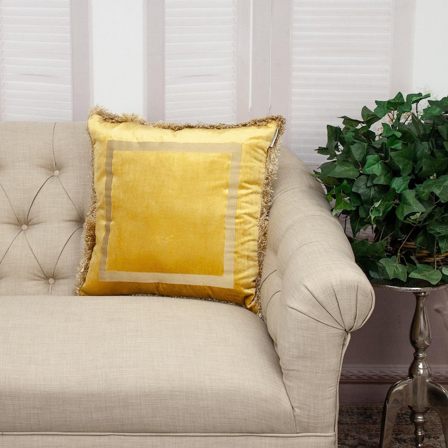 Boho Yellow with Gold Fringe Decorative Square Throw Pillow