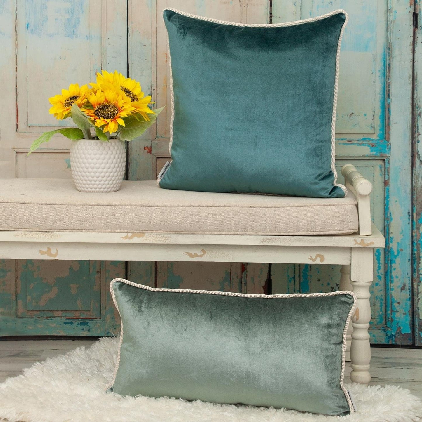 Reversible Gray and Teal Lumbar Velvet Throw Pillow