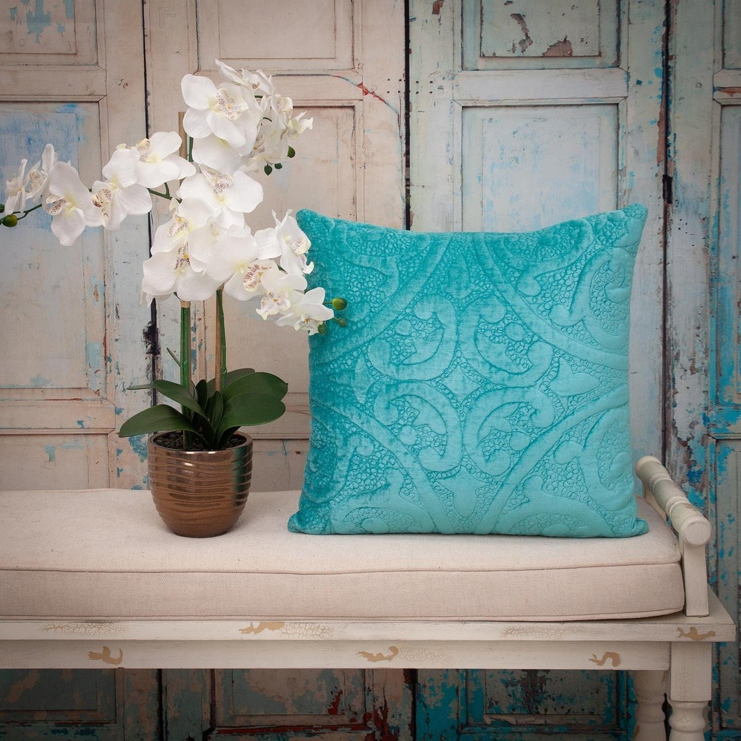 Aqua Quilted Velvet Square Throw Pillow