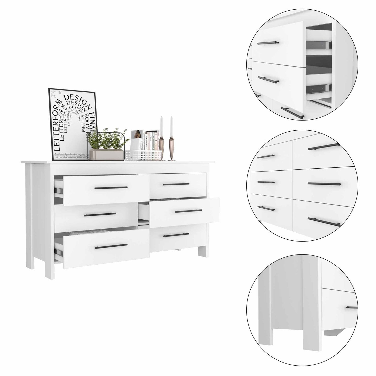 58" White Six Drawer Double Dresser