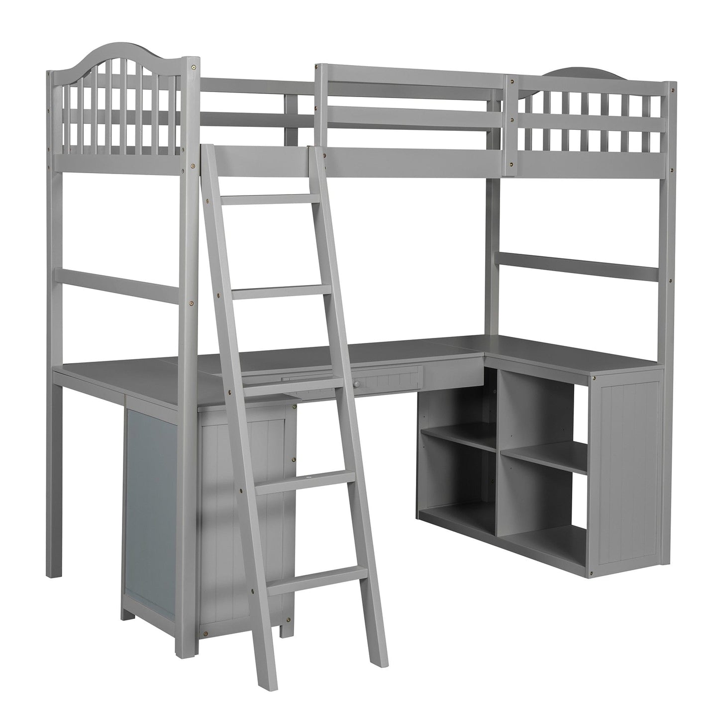 Modern Classic Gray Twin Loft Bed with Book Shelf Desk and Cabinet