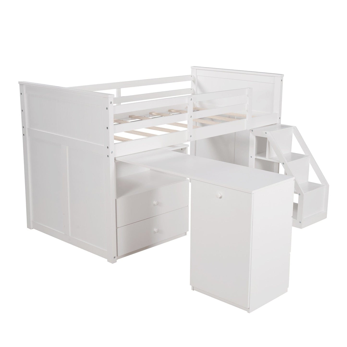 White Twin Size Low Loft Bed With Portable Desk