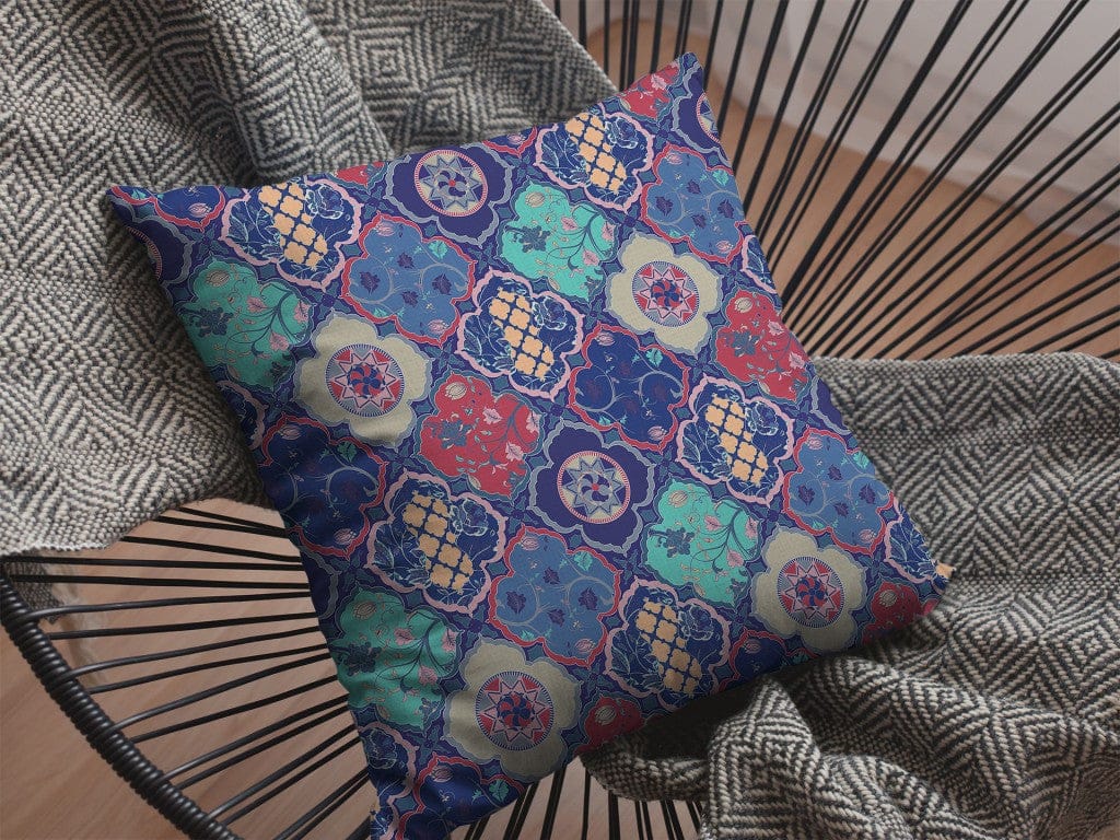 16” Navy Red Trellis Suede Throw Pillow