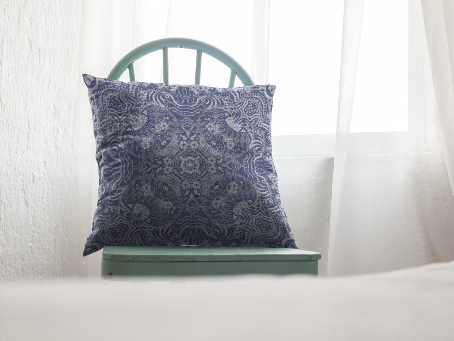 16” Indigo White Boho Ornate Suede Throw Pillow