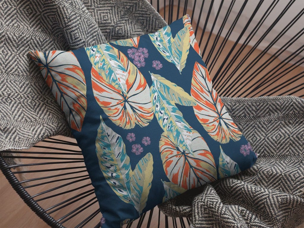 16” Orange Blue Tropical Leaf Suede Throw Pillow