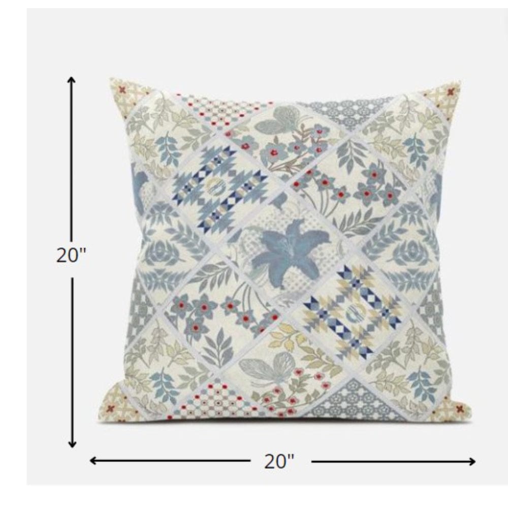 18” White Blue Patch Suede Zippered Throw Pillow