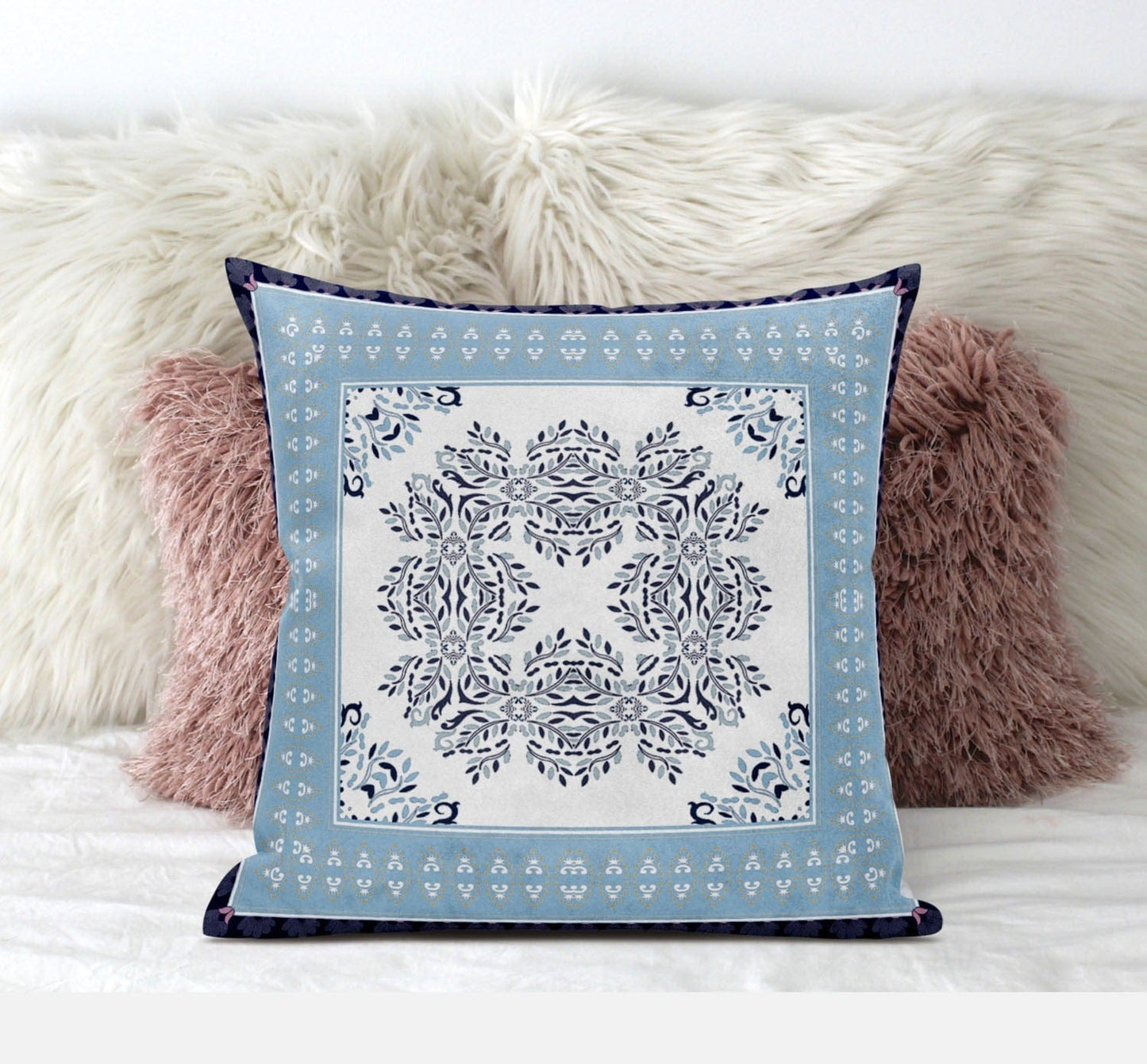 18" X 18" Light Blue White Geometric Blown Seam Suede Throw Pillow