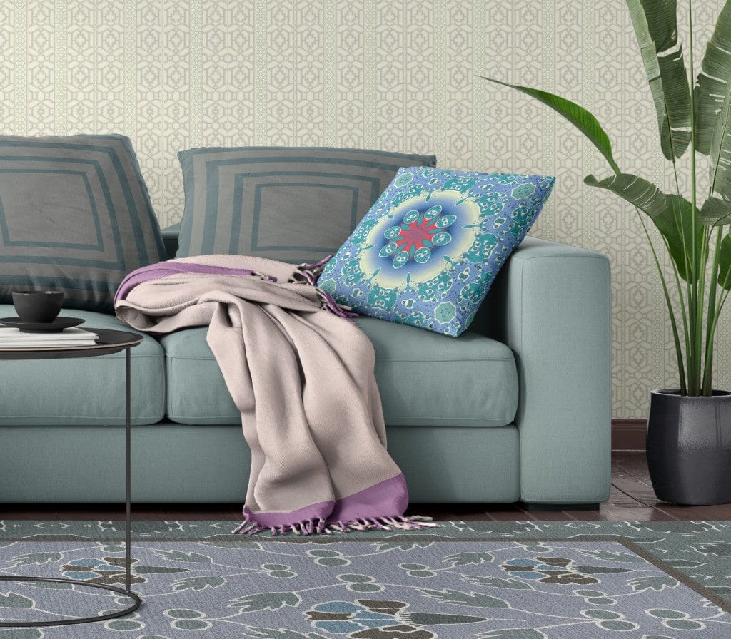 16" X 16" Blue And Red Geometric Zippered Suede Throw Pillow