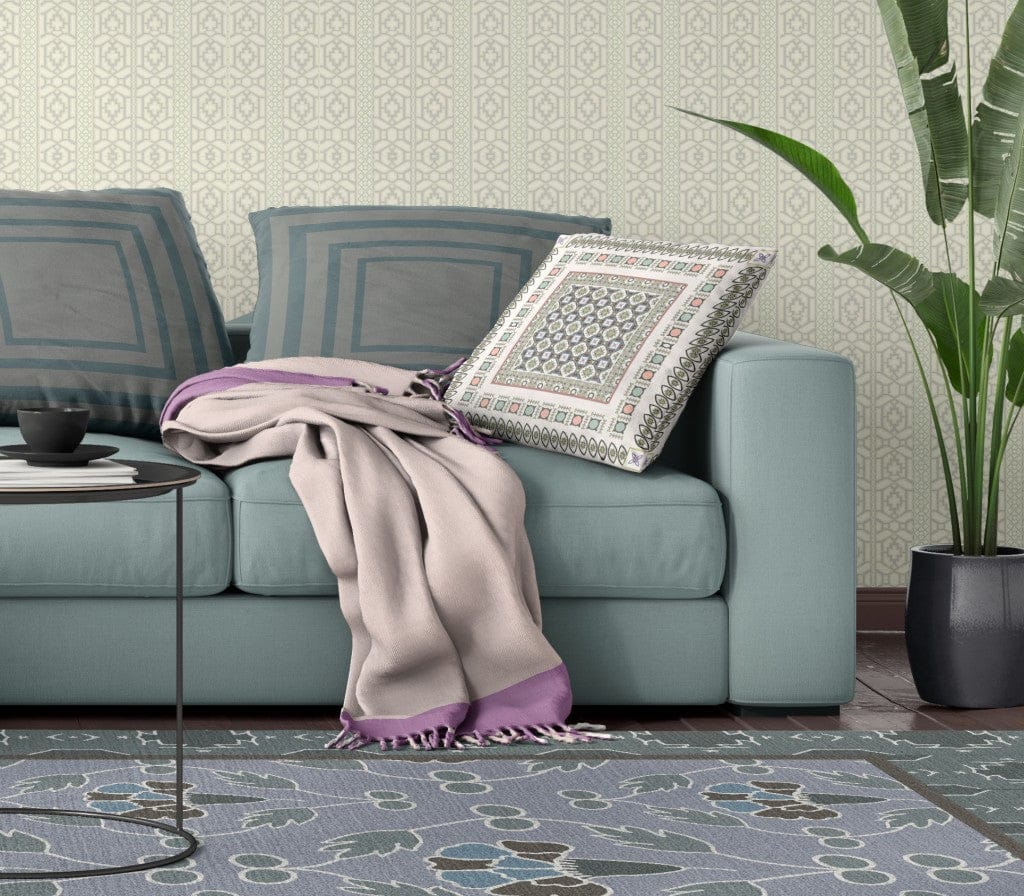 16" X 16" White And Blue Floral Blown Seam Suede Throw Pillow