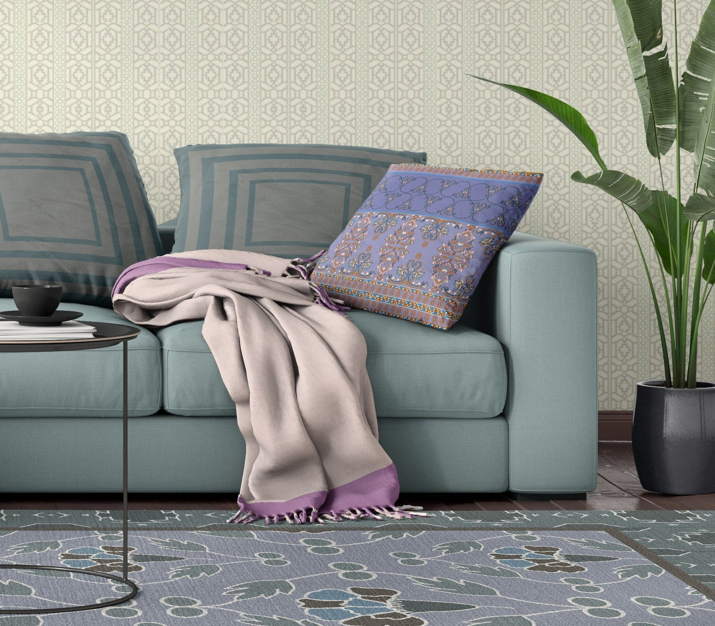 16" X 16" Purple And Blue Stencil Blown Seam Suede Throw Pillow