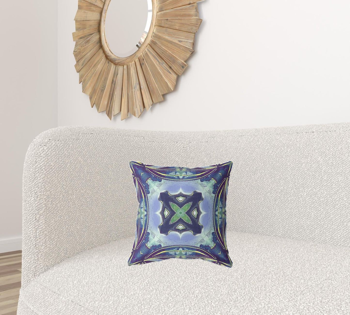 16" X 16" Peacock Blue Light Blue Geometric Zippered Suede Throw Pillow