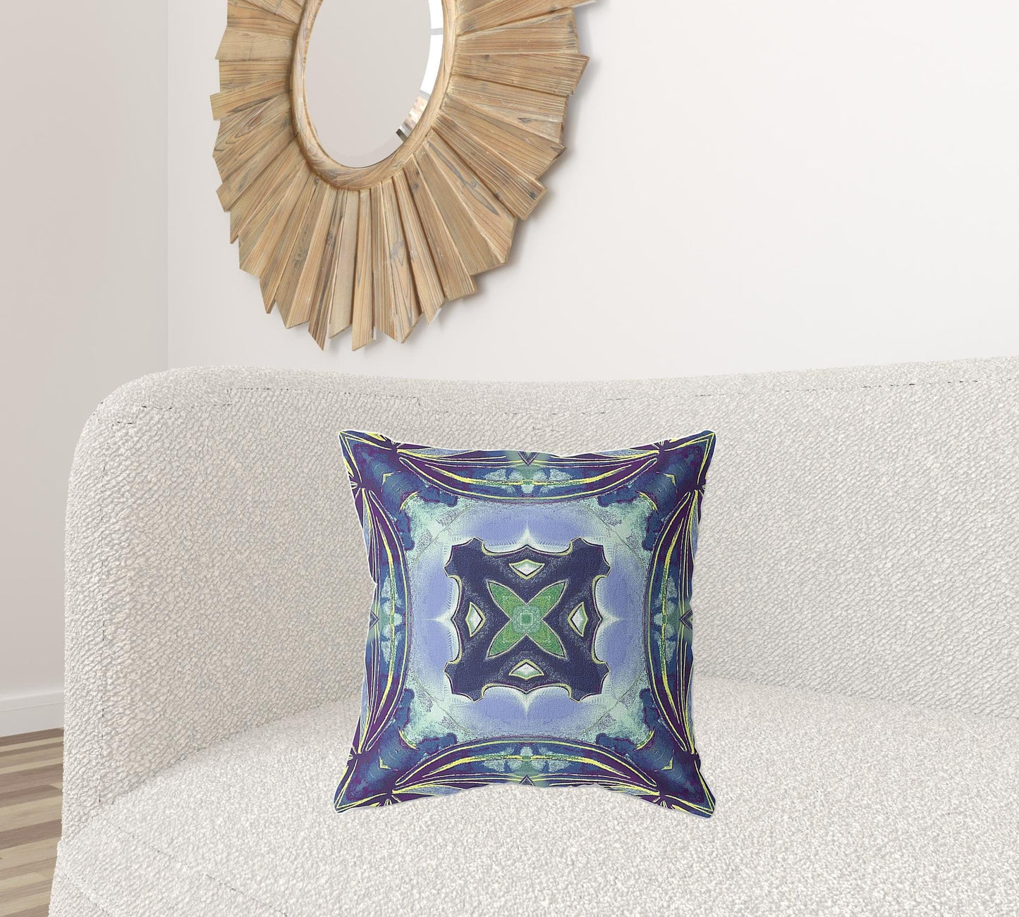 20" X 20" Peacock Blue Light Blue Geometric Zippered Suede Throw Pillow