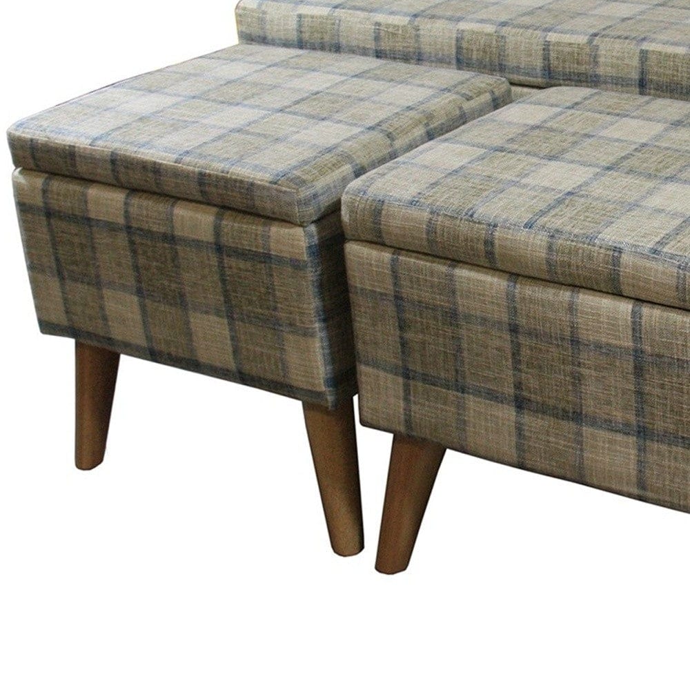 Taupe and Blue Plaid Storage Bench and Ottoman Three Piece Set