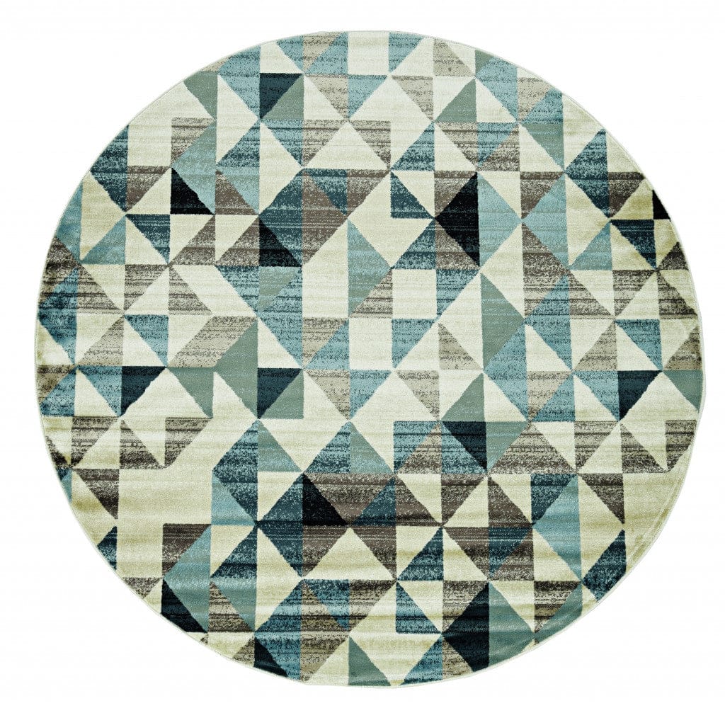 8’ Round Blue Beige Nested Diamonds Modern Area Rug