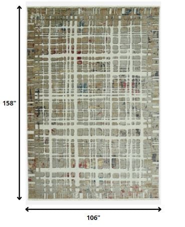 9’ x 13’ Ivory Khaki Distressed Plaid Area Rug
